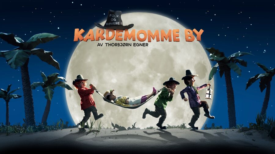 Bilde: @ Qvisten Animasjon Tre røvere som bærer en hengekøye med en sovende dame, plakat kardemomme by